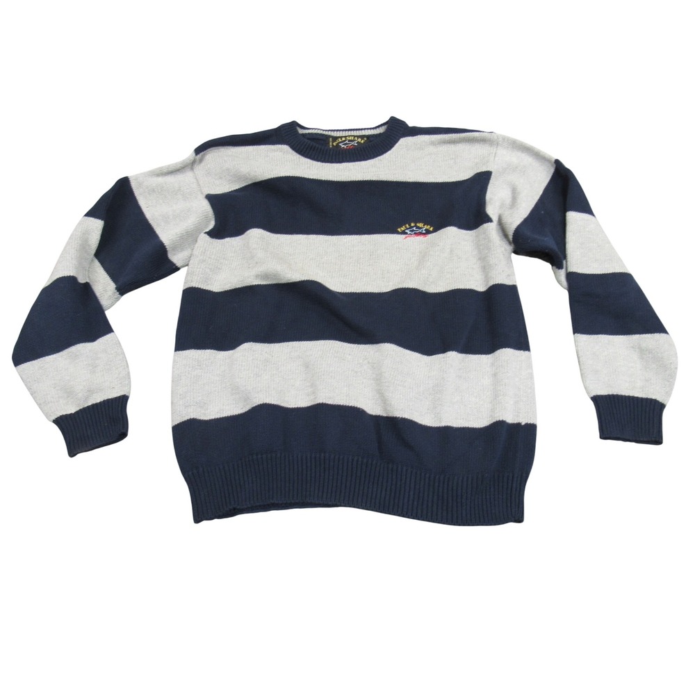 Paul & Shark Yachting Mens XL Striped Cotton Crew Neck Sweater Navy Grey Logo